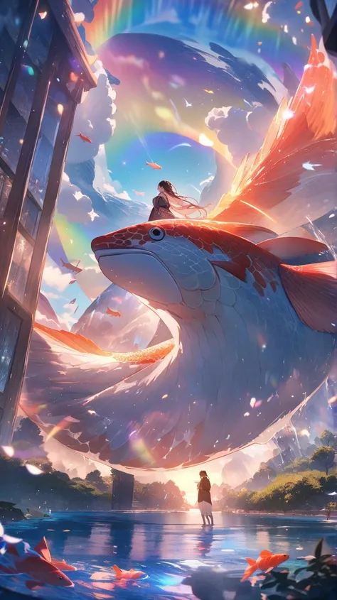 ((high quality)), ((masterpiece)), ((highly detailed)), A mystical land where waterfalls flow in dazzling rainbow colors, changing hues with every sunrise. The rivers shimmer like liquid glass, and giant koi fish with wings soar through the sky, carrying m...