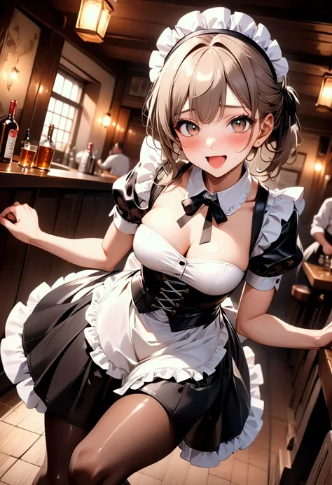 ((Classic maid outfit, skirt, apron, corset, pantyhose, ((Rubber)))), Shiny Costumes, (skindentation), break, skinny, alone, solo, Masterpiece, highest quality, highest quality, 16K, incredibly absurd, highly detailed, 2.5D, ai-generated, delicate and dyna...