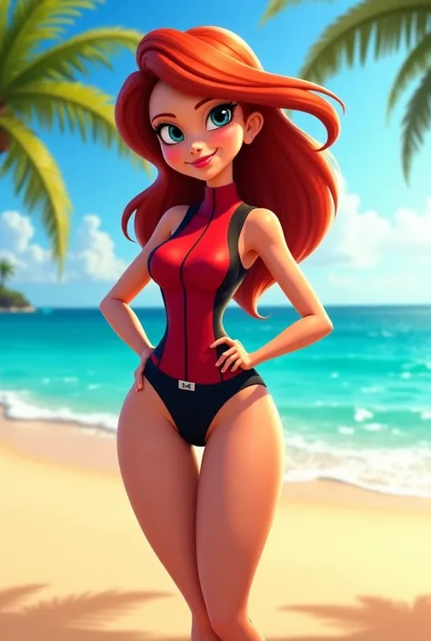 Kim possible in a swimsuit on the beach 
