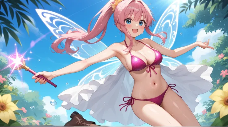  fantasy, 晴れた日の Compa, It's raining a little bit _１ girls with light makeup,  bikini,  fairy wings,Floating,The body is wet from the rain ,Wearing the magic of light , glitter,Large_chest, shiny skin,(( with a shameful expression)), blushes her cheeks,swea...