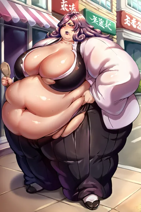 score_9, score_8_up, score_7_up, score_6_up, source_anime BREAK 1girl, solo  hikifune kirio, purple hair, wavy hair, facial marks, purple lipstick, white coat, black robes, cleavage, black hakama, large breasts, street, 20 meters tall, fat, chubby, obese, ...