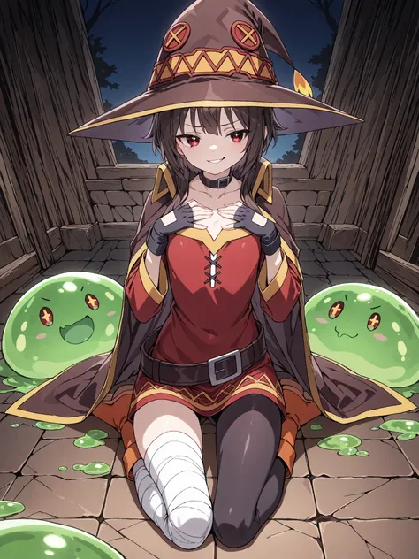 (Megumin,hands on her chest , looking to the viewer, smirk face, fire shape eyes, full body, tight clothes, mage clothes), (slender, petite, flat chested), (clear sky, beautiful background), (dungeon light with torchs, low light, webs around, green slime o...