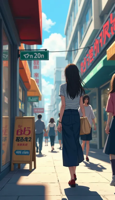  window shopping　 there is a sign for a super cheap lunch nearby 　, a 25-year-old woman is walking a little further away　 anime picture for TRPG　Passers-by are walking in front of the image　２５The year-old office lady 　 anime picture for TRPG　Striped shirt　...