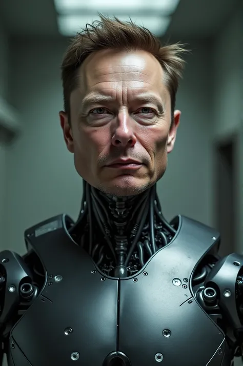 Elon Musk with the face of a robot and the body of a prisoner 