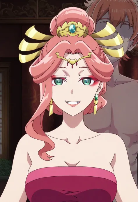 anime screencap, perfect lighting, detailed face,
in a fancy room, possessed by spirit, 1boy, matching pose,
BREAK
1girl, solo, Gyokuyou, pink hair, long hair, single hair bun, green eyes, hair ornament, earrings, jewelry, collarbone, tube top, bare should...