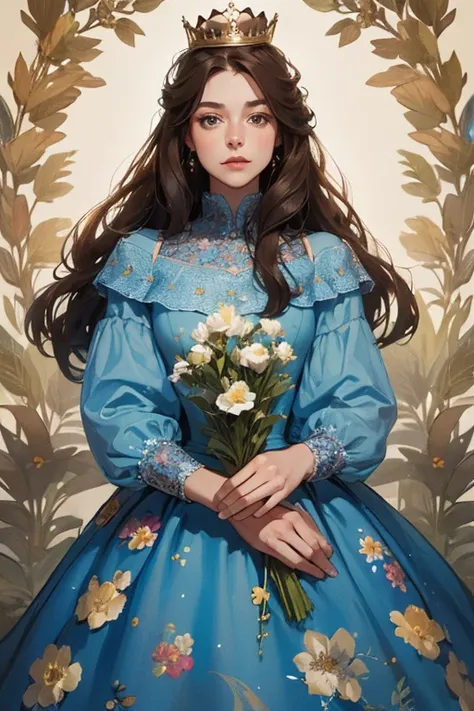 ( masterpiece,  high quality), 1 ,  alone, (queen:1.15),   brown hair,   long hair,  cortina , blue floral dress, queen&#39;s Dress , aurora, (sunlight, null, Rio,  forest),  inexpressive,  red eyes, ( Art Nouveau :1.2), Alphonse Mucha, tiara, ( focus on t...