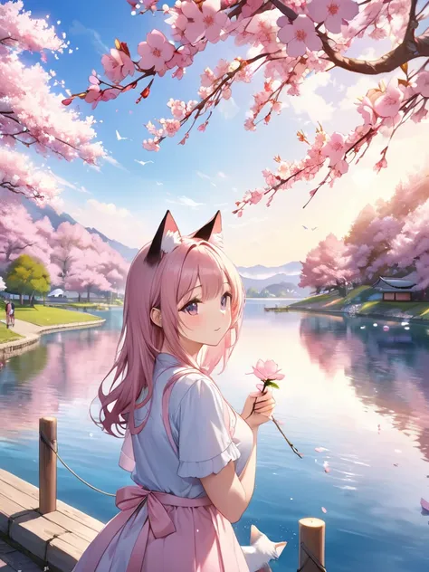    beauty  、   Digital Art 、8k、  Max Image Quality、  Beautiful World  、peace、 Genuine 、 girl、Cat ears、 pastel、cherry blossoms、lake