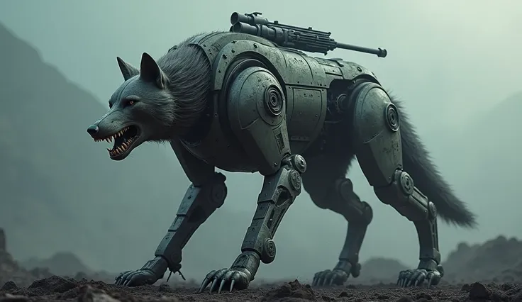  A hybrid wolf-tank, its legs transformed into powerful mechanical limbs and a gun turret mounted on its back.