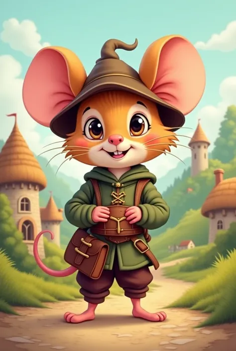 a cartoon style male mouse in medival clothes holding a small bag