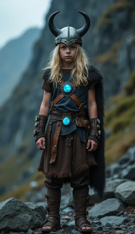 "A young Viking warrior aged approximately 12,  with long blond hair and determined expression ,  is standing on a rocky terrain in a dark and mountainous environment .  He wears a metal helmet adorned with two large curved horns ,  giving it an imposing a...