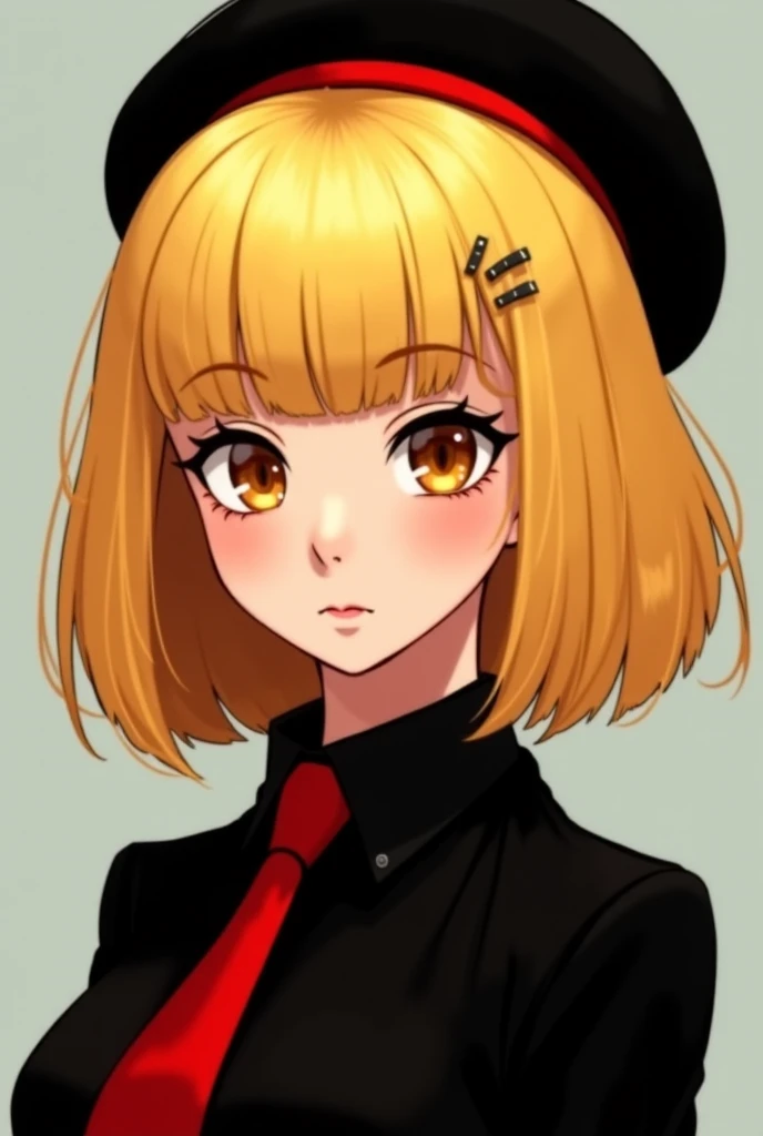 Museum ,  A woman with light-colored hair close to gold. Hershe-cut hair that falls below the shoulders.  straight bangs,  light brown eyes .  eyes that rise like a cat ,  bewitching eyes like a fox .  black piercing on the right ear .  black beret . Expre...