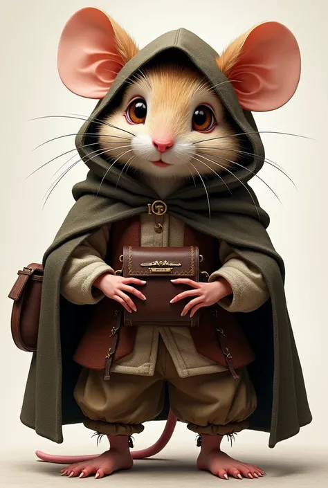 a realistic image of a male mouse in medieval clothes holding a small bag