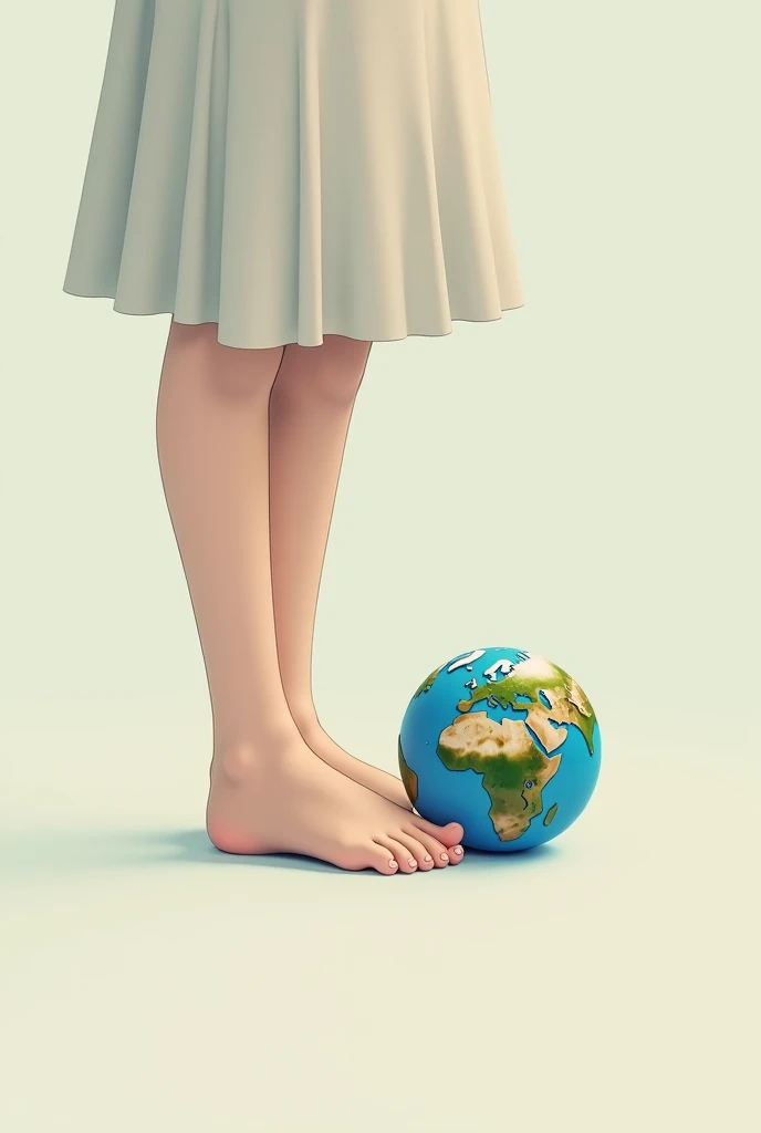 A girl’s foot with a miniature model of earth beside it. Anime style.