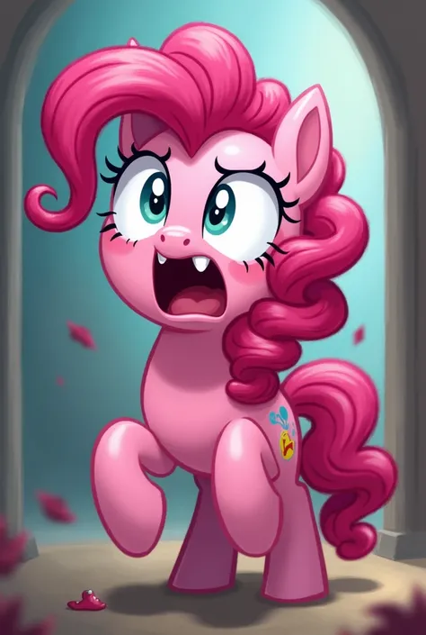 pony Pinkie panics, yelling, "OH NO! AM I GOING TO BE STUCK HERE?!" art style