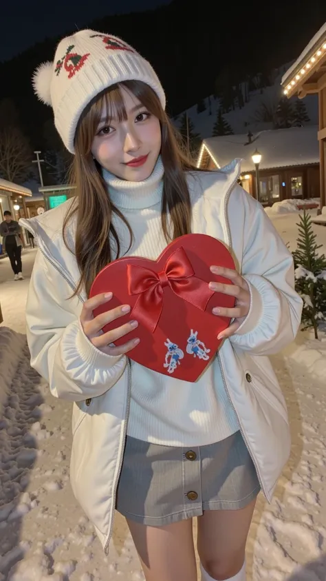 ( super quality next to each other、 in ultra high quality、8k、Natural light and shadow)，((( close-up:1.5))), ((( High Angle Shot:1.5))),  ((A raw photo of a Japanese woman holding a small heart-shaped gift box with both hands facing me and standing with her...