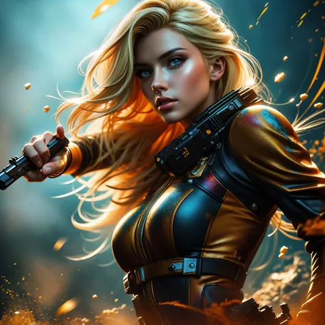 blond woman with gun in hand pointing at camera with paint splatters, beautiful digital artwork, highly detailed digital artwork, stunning digital illustration, stunning art style, epic digital art illustration, 4k highly detailed digital art, highly detai...