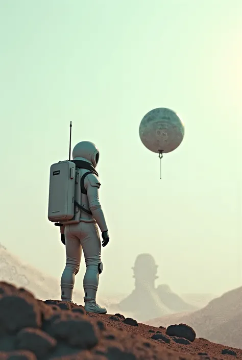 Image of astronaut arrive on very far planet with his round small space ship with etherial environment and the camera is closer