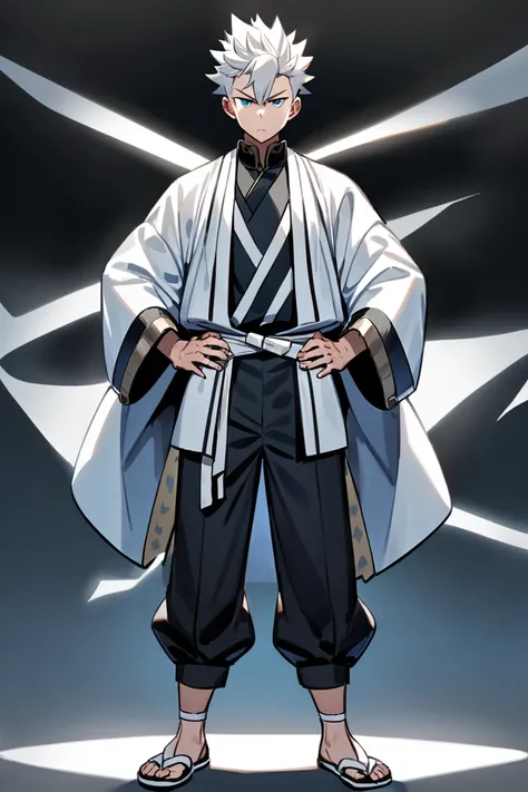 A boy, white hair, spiked hair, short hair, blue eyes, white haori, blue shinigami, sholder guard, black pants, white sandals, hands on his hips