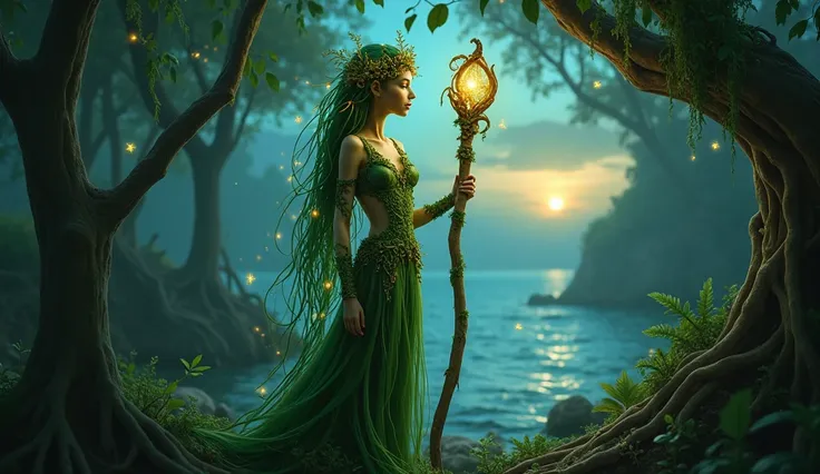 A mystical mangrove tree fairy standing gracefully among the tangled roots of a lush mangrove forest. She has emerald-green skin with delicate vines wrapping around her arms and legs. Her hair is made of flowing seaweed, gently swaying as if touched by the...