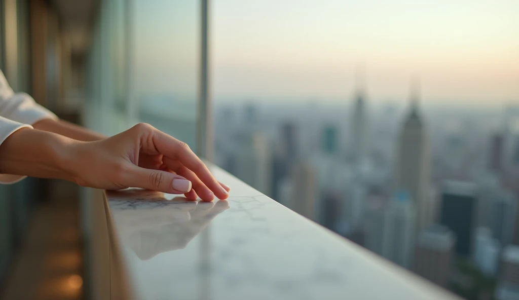 A close-up shot of a delicate hand gently touching a smooth balcony wall of luxurious apartment. As the fingers glide over the surface, 