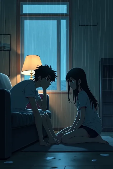 Rain pours outside. They sit on the floor of their apartment, backs against the couch. Kai looks troubled, head resting on his hand. Lena watches him, concerned. Make it anime