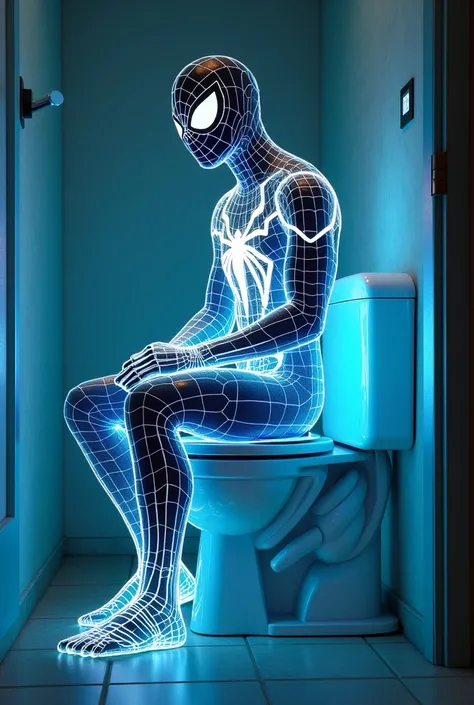 A suit with high quality light showing Spider-Man sitting on the toilet seat on the side while going to the bathroom to give strength