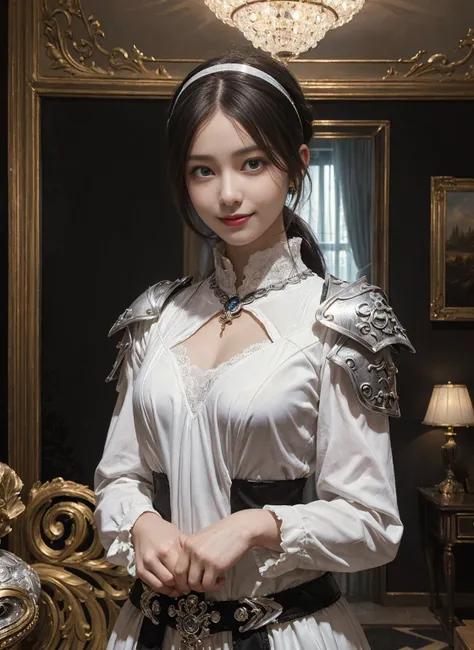 Chief girl,(black color pony tail hair),(black eyes),(medieval fantasy ),(wearing Gorges white dress armor and silver monocle and silver accessories on her head 1.5),(hourglass in her hand),(smile 1.2),(( mansion master's room background1.1)) ,half_up body...