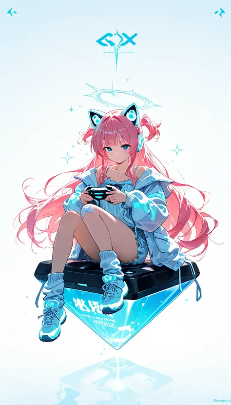 ), score_9, score_8_up, score_7_up, source_anime,Composition,1girl, sitting in a giant xbox controller, gamer girl, transparent sleeves, oversized jacket, oversize clothing, baggy clothes, pajamas but fancy and stylish, gamer cat ears, robotic ears, futuri...