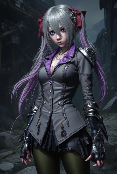  Full body image of a 21-year-old young woman with Japanese features .  She has leg-length hair ,  combed in two pigtails on the sides with red bows and a metal hair clip in the shape of a small silver dragon,  the hair is greyish blonde with purple and pi...