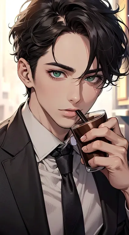 (  Drinking high-quality espresso ,4K,8k,  high resolution,  masterpiece:1.2),super detailed,(realistic,photorealistic,photo-realistic:1.37),1 person, 35 years old ,Mature men,beautiful skin、 tongue ,  inexpressive,  short gray black hair,  green eyes,  sh...