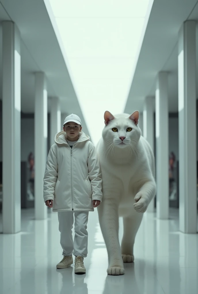 A realistic photograph of a  in a white jacket walking side by side a super giant cat white thick four, poth walking directly towards the camera in a straight line, with a futuristic vilage as the backgrauond