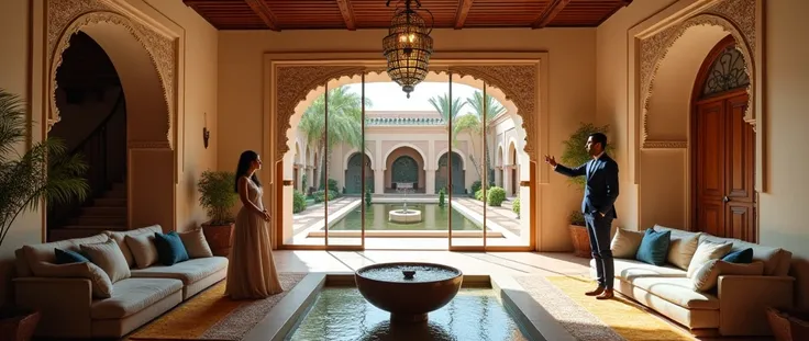 A stunning and elegant traditional Moroccan villa in Marrakech, harmoniously blending authentic craftsmanship with subtle modern touches. The grand living space is adorned with hand-carved cedarwood ceilings, intricate zellige tilework, and majestic sculpt...