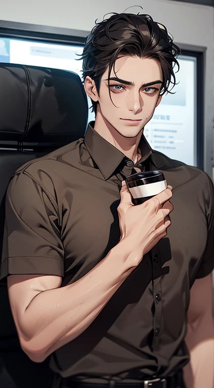 (  Drinking high-quality espresso ,4K,8k,  high resolution,  masterpiece:1.2),super detailed,(realistic,photorealistic,photo-realistic:1.37),1 person, 35 years old ,Mature men,beautiful skin、 tongue ,  inexpressive,  short gray black hair,  green eyes,  sh...