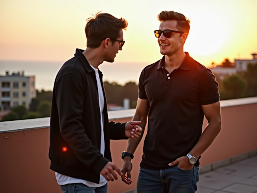 They took a picture of me talking to a friend. I am a 19-year-old man with a slim figure ,I wear sunglasses short hair a black polo coat Lauren dancing salsa real photo, We are on the terrace of a wall 