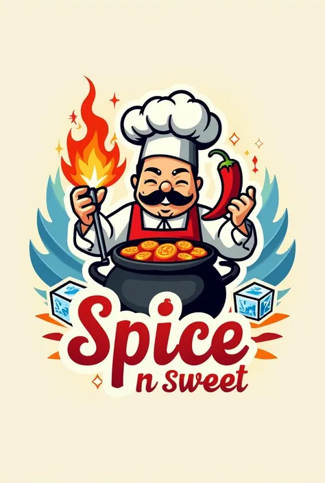 Create a spice n sweet logo with a spicy food and cold drink theme. Use design elements such as chef, cauldron, chili, fire, meatballs and ice cubes. Combine red, orange and blue to create dynamic contrast. Choose bold, modern fonts for spicy food elements...