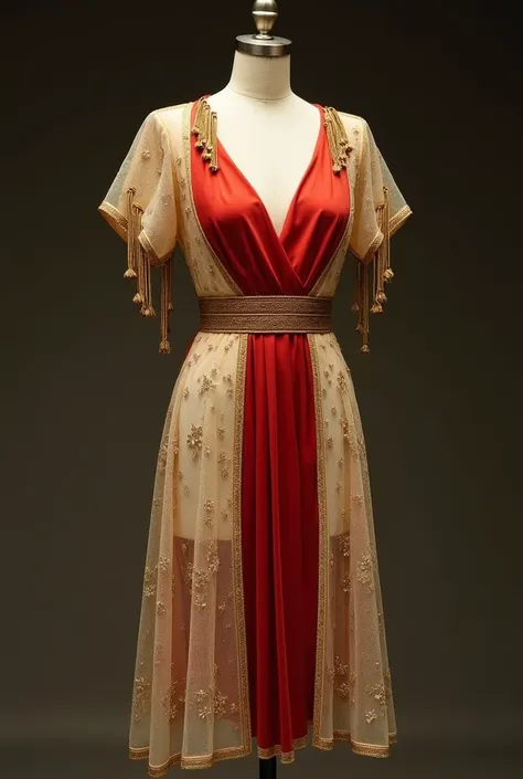  dresses in the style of melindrosa 1920 and glamor 1930 in the short sleeves there are tassel accessories of gold color and protruding shoulders, v neck not too down ,  shaped at the waist ,  knee-length skirt and tufted accessories of gold color ,  the f...