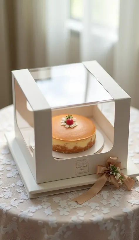 A sophisticated cake box with a clear plastic window, sitting on a delicate lace tablecloth. The box is wrapped in a satin ribbon, with a minimalistic logo on the front, and a small, elegant floral accent at the corner. Soft natural light filters through, ...