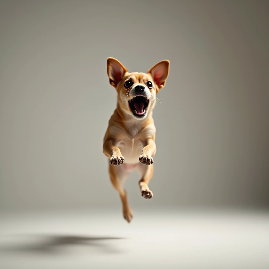 A small dog captured mid-air, leaping with a shocked and frightened expression. Its eyes are wide open, mouth slightly agape, and ears pulled back, emphasizing its surprise. The dog's body is slightly curled due to the jump, with its front paws tensed and ...