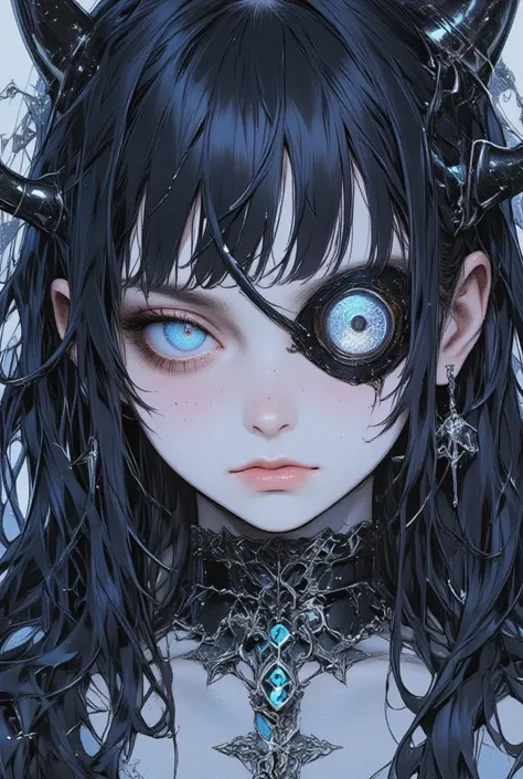  anime girl with long black hair and dark blue eyes, Vriska Serkett , eye patch ,Eye patch, oni demon, oni horn ,medium closeup, mid closeup , Color sketch anime manga panel, Medium Close Shot, Color comic panel, Kill la kill style illustration , animes, F...