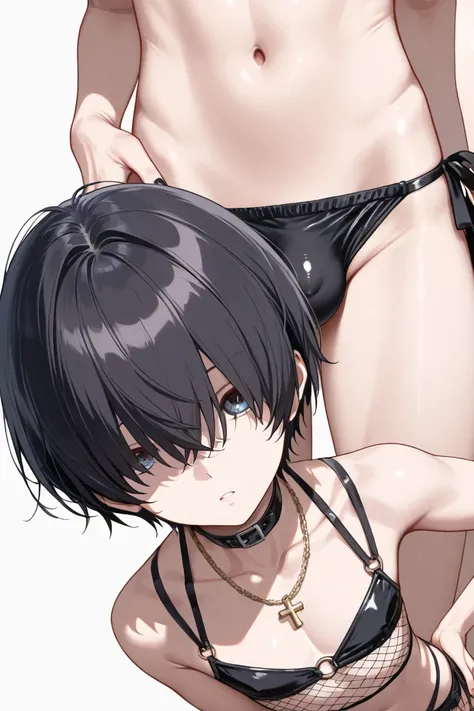 ((1boy)), otoko no ko, feminine boy, androgynous features, (Male focus: 1.5),a close up of a doll wearing a black bikini in a room, hair over eyes, male focus, black hair, 1boy, bulge, otoko no ko, solo, fishnets, navel, jewelry, black nails, necklace, han...