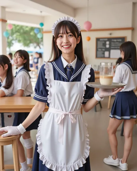 (masterpiece, best quality:1.4), (8k, RAW photo, photorealistic:1.4), lively atmosphere, colorful decorations, natural laughter, realistic fabric texture of apron,

A young Japanese high school girl dressed as a maid for the school festival café, standing ...