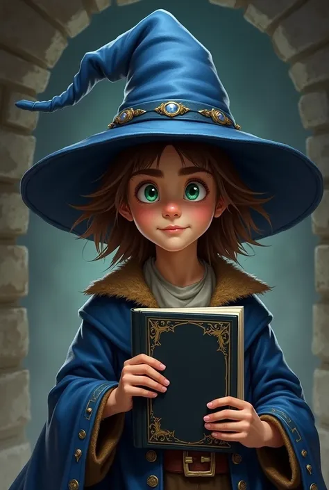  illustration with realistic proportion ,  wizard's apprentice , young man,  medium brown hair,  wizard's hat exaggeratedly large and blue, the eyes,  clumsy , green blue ,  with a large black book of darkness , medieval background