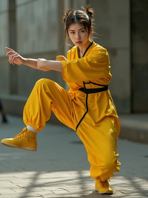 (Full body:1.3), (acrobatic pose:1.3),  1 woman,20th Generation,  serious face,  looking at the camera,  double bun hair , forehead, (flat chest:1.4),  white skin,  Slim, yellow kung fu outfit with black lines,  thin waist,  thin legs,  yellow kung fu shoe...