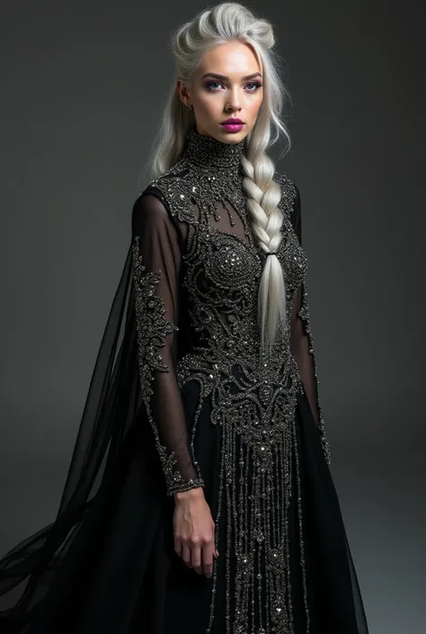 A silver haired and purple eyed women wearing luxurious, floor-sweeping black dress adorned with an ornate, intricate design featuring an abundance of dangling pearls and diamonds, it has high neck and long sleeves.Her long  hair is in one braid