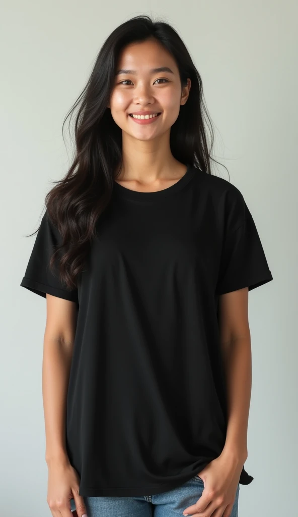 make a 20 year old indonesian woman standing fullbody wearing a plain black t-shirt smile