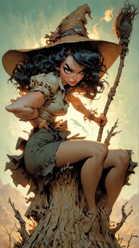 A mesmerizing and intricately detailed drawing of a brunette witch, exuding elegance as she perches majestically atop her broomstick. The witch dons a vintage pin-up inspired ensemble; her outfit adorned with a captivating straw hat, goggles and an air of ...