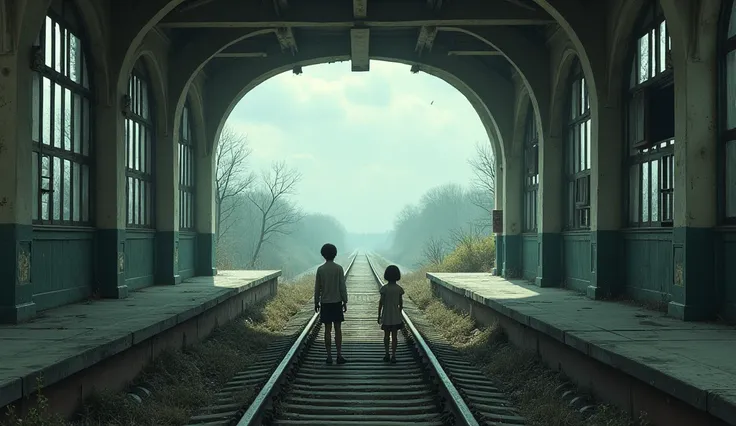 Empty Railway Station – A young boy and girl stand on an abandoned railway platform, looking at the rusted tracks that lead to nowhere.
