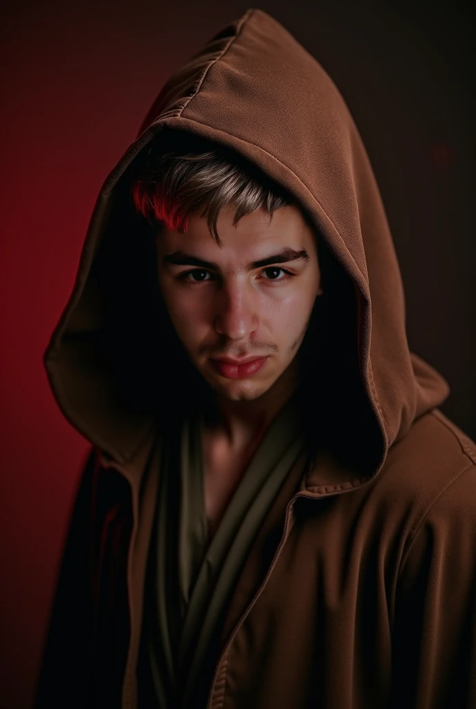  a young man,  men's tie,  with a dark expression and intense look , inspired by Anakin Skywalker .  He wears a brown hood that partially covers his face ,  highlighting his defined features and a gesture of anger and melancholy .  Illuminated by a faint l...