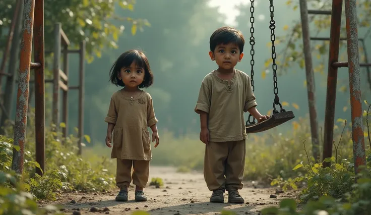 Lonely Playground – A young Pakistani boy and girl stand near a broken swing in an old, abandoned park, their expressions full of curiosity.
