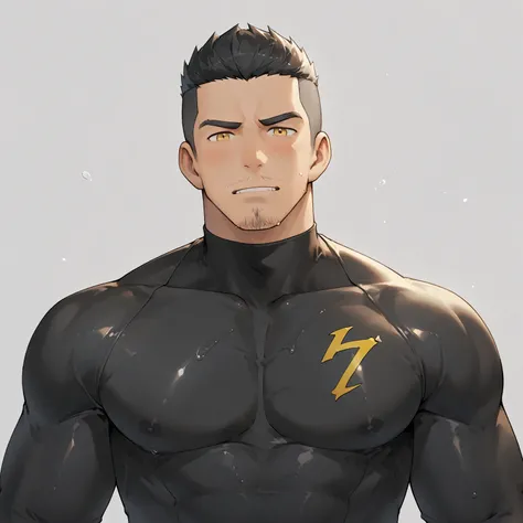 anime characters：Priapus,Buzz Cut， upper body, He stood, He grits his teeth, He is wearing a high-necked long-sleeved bodysuit, Very tall, muscle swimming instructor, He has stubble, Manliness, muscular, Very tight, muscular male, muscular, only, alone, Bl...